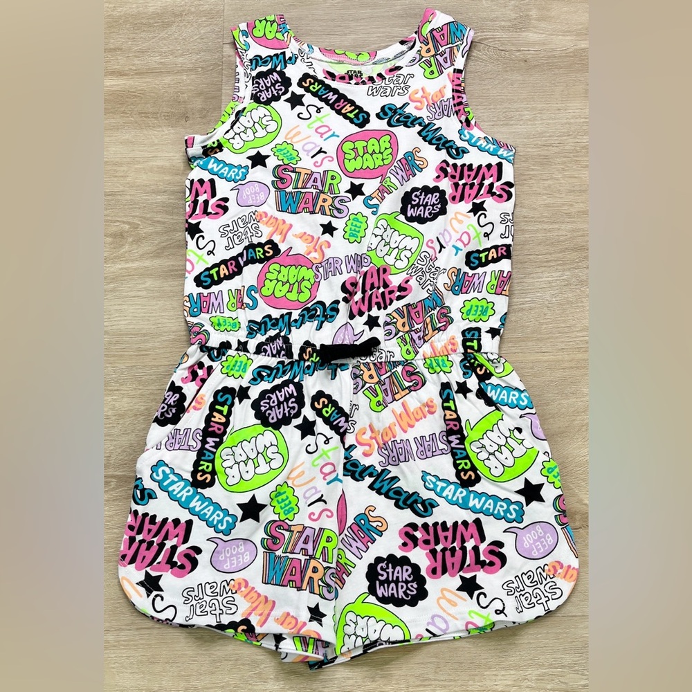 Amazon Essentials Star Wars Romper M/8 Girls Years White Print Tank Shorts NWOT